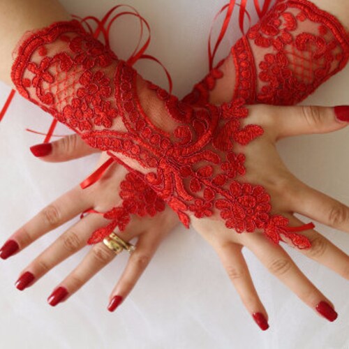 Red Lace Gloves Lace Gloves Fingerless Bridal Gloves Black Etsy