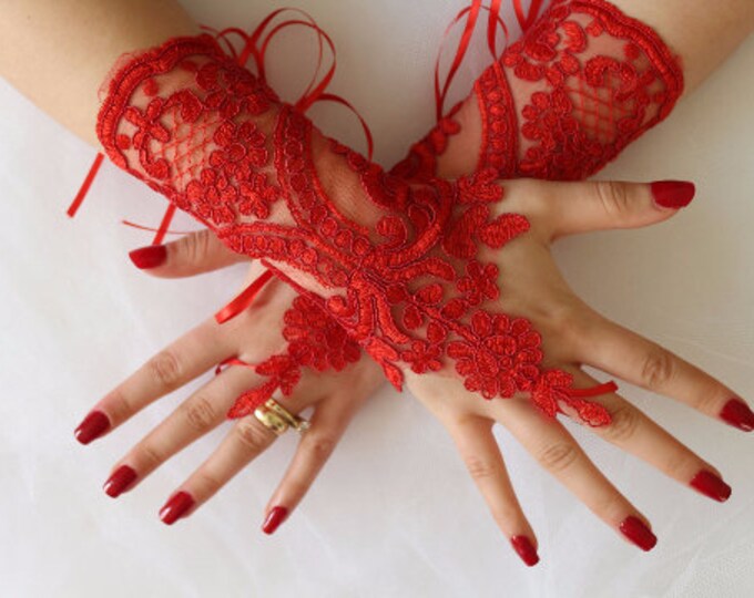 Red Lace Gloves, Lace Gloves, Fingerless Bridal Gloves Black Lace Glove Bridal Wedding Day