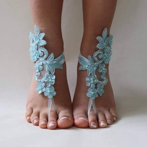 Mint Green Lace Barefoot Sandals Beach Wedding Bridal Barefoot Sandals