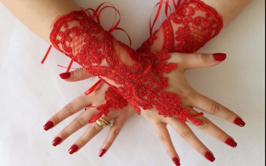 Buy Red Lace Fingerless Bridal Gloves: Pearl Embroidered Wedding Mittens  Online in India