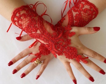 Red Lace Gloves, Lace Gloves, Fingerless Bridal Gloves Black Lace Glove Bridal Wedding Day Wedding Dresses GS00129