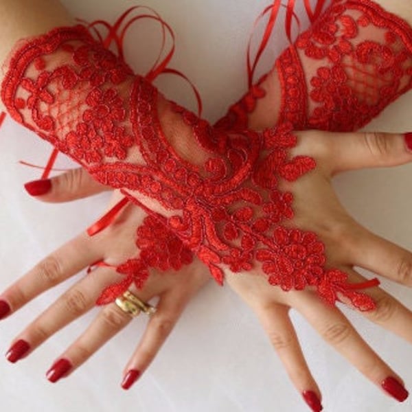 Red Lace Gloves, Lace Gloves, Fingerless Bridal Gloves Black Lace Glove Bridal Wedding Day Wedding Dresses GS00129