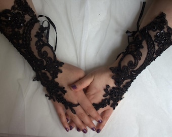 Kostüm Schwarze Spitzenhandschuhe, Party, Abschlussball-Kostümhandschuhe Fingerlose Hochzeiten, Hochzeitshandschuhe, Brauthandschuhe GS00477