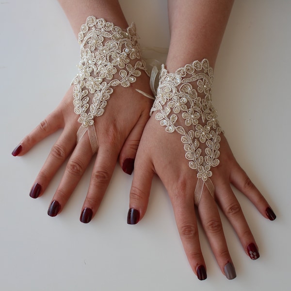 Gants de mariée en dentelle champagne, gants de mariage, gants de mariée en dentelle, sans doigts, robe de mariée, GS00101