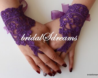 Purple Lace Wedding Gloves,Bridal Gloves,Accessories,Mittens,Fingerless,Party Prom,Dress Accessoriess,Bridesmaid Glove  GS00157