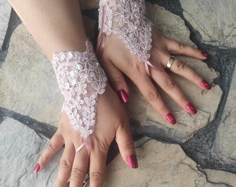 Pink Lace Wedding Gloves: Fingerless Bridal Costume Gloves