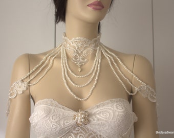 İvory Lace Shoulder Necklace shoulder bridal lace shoulder, wedding shoulder necklace, Rhinestone Necklace, Lace shoulder Jewelry