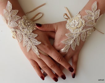 Champagne Lace Bridal Gloves,Wedding Gloves,Bridal Lace Gloves,Fingerless,Wedding Dress Glove GS00011