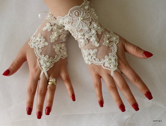 ca.20cm lang,Farbe:Ivory HBH Brauthandschuhe mit Spitze bestickt