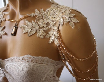 Champagne Lace Bridal Shoulder Necklace: Rhinestone Wedding Jewelry