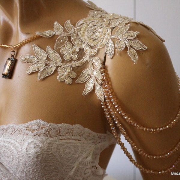 Champagne Shoulder ,Necklace Shoulder Bridal Lace Shoulder, Wedding Shoulder Necklace, Rhinestone Necklace, Lace Shoulder Jewelry