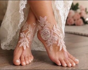 Handmade Pink Lace Barefoot Sandals: Beach Wedding Foot Jewelry