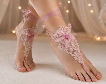Pink Lace Barefoot Sandals: Beach Wedding Bridal Foot Jewelry