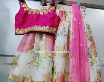Kids lehenga choli dupatta Indian ethnic girls kids wedding wear pink organza floral skirt brocade blouse stitched custom made lengha chunni