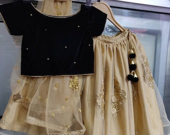 Girls golden lehenga skirt kids black velvet blouse dupatta set