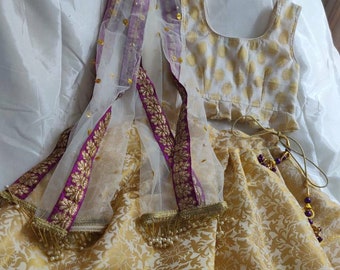 Kids lehenga choli dupatta Indian ethnic girls kids wedding wear ivory purple trim chanderi blous dress custom made lengha chunni baby dress