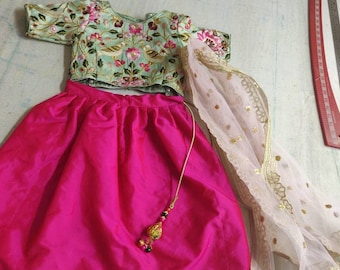 Vestido de novia indio Lehenga choli rosa para niñas
