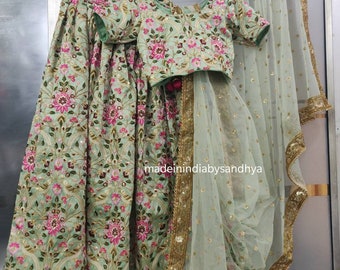 Pastel Green Girls Floral Lehenga Choli: Embroidered Silk Indian Wear