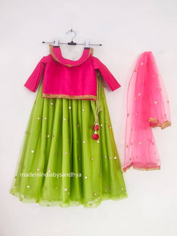 Handmade Kids Lehenga Choli: Green & Pink Indian Wedding Dress