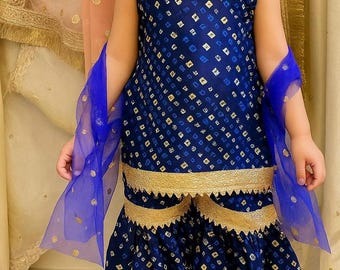 Girls' Blue Sharara Suit: Indian Kids' Ethnic Dress with Net Dupatta