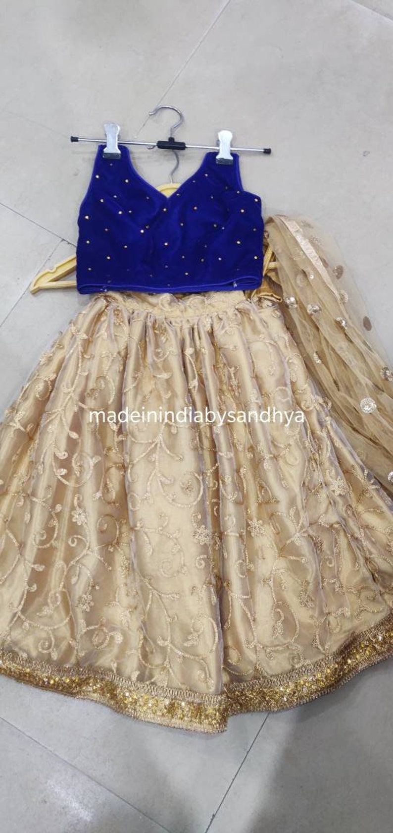 Kids lehnga choli dupatta Indian designer ethnic girl kids festival wear gold blue velvet blouse dress custom made to measure lengha chunni
