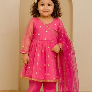 Traje salwar para niños pequeños color verde bosque dupatta Anarkali Rosa