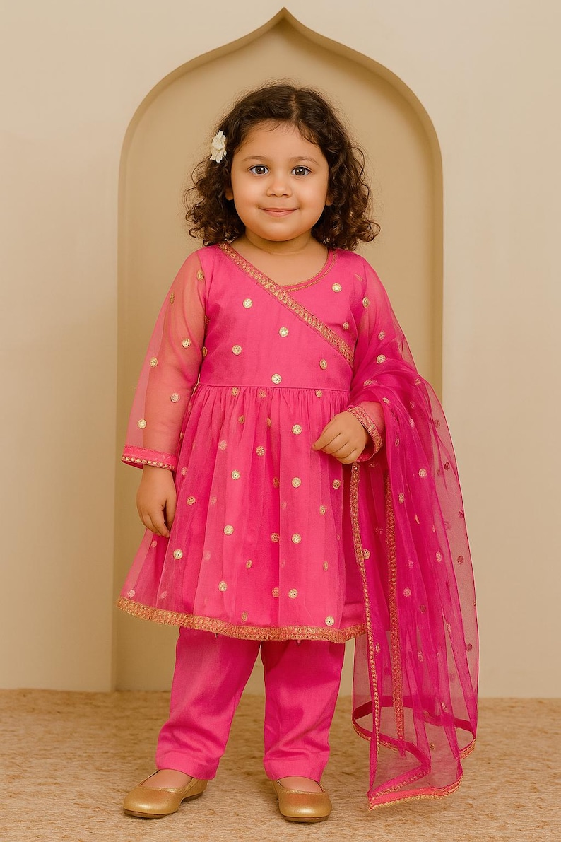 Traje salwar para niños pequeños color verde bosque dupatta Anarkali Rosa
