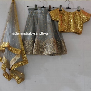 Lehnga para crianças étnicas indianas, vestido de festa infantil com lantejoulas, costura personalizada, lengha chunni