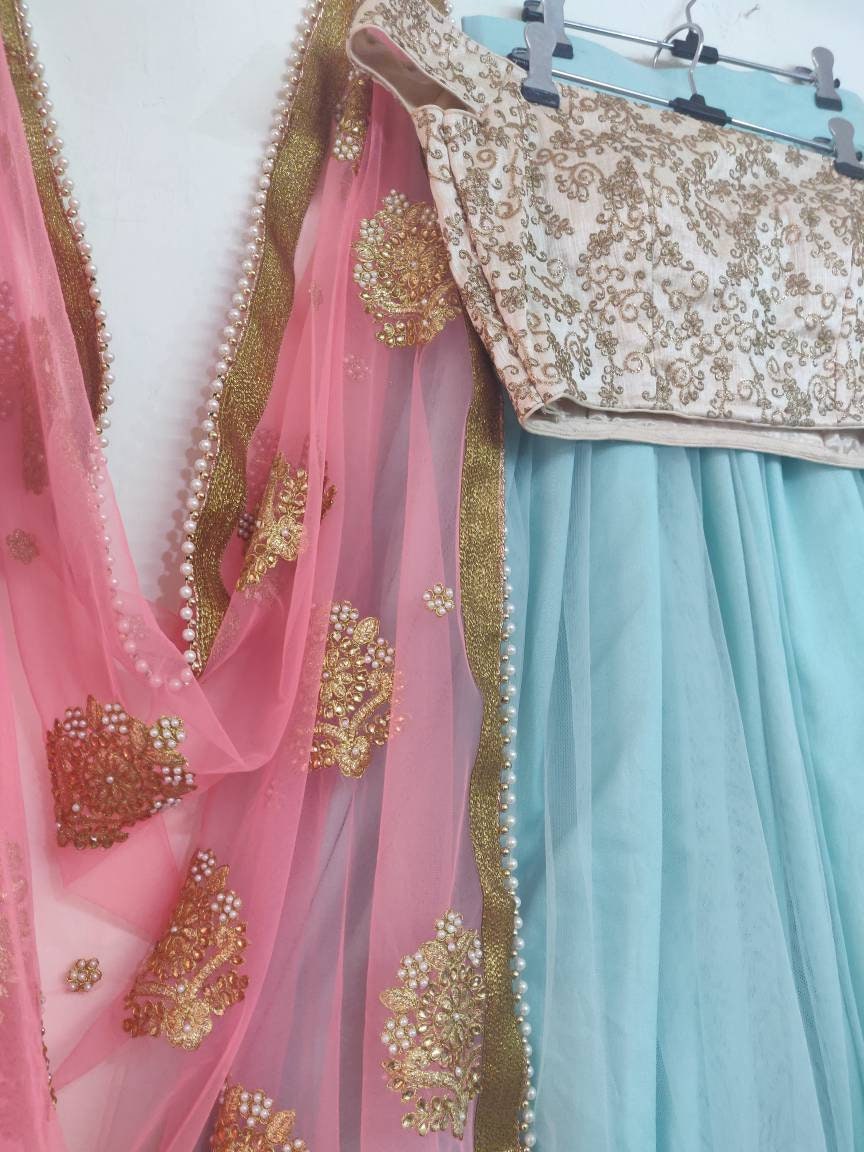 Baby Blue Dress Girls Lengha Choli Wedding Outfit for Kids Pastel Blue Skirt, image size:864x1152