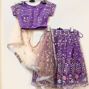 Lilac kids lehenga Indian wear for girls embroidered net lengha