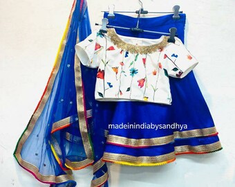 Blue Kids lehenga skirt white blouse Indian outfits baby girls