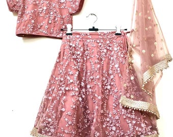 Dusty rose kids lehenga Indian wear for girls chikankari net lengha