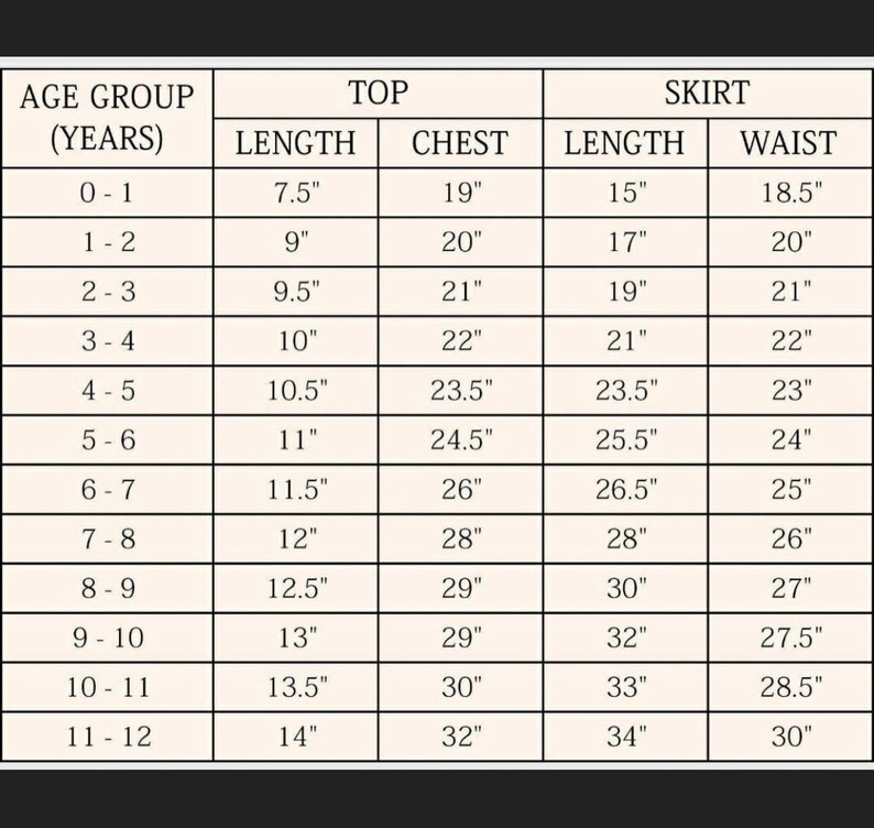 May include: A chart showing clothing size recommendations for children's tops and skirts based on age group. The chart lists age groups from 0-1 to 11-12 years old and provides corresponding measurements in inches for length, chest, and waist.