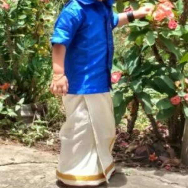 Indian traditional vishu onam dress baby boy clothing blue pure silk shirt cotton readymade dhoti set first birthday boys wedding dresses