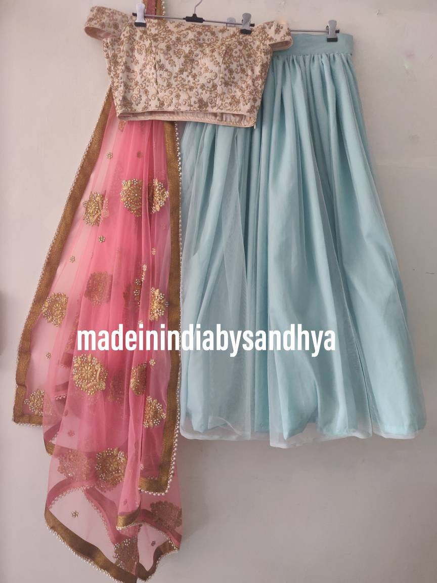 Baby Blue Dress Girls Lengha Choli Wedding Outfit for Kids Pastel Blue Skirt, image size:864x1152