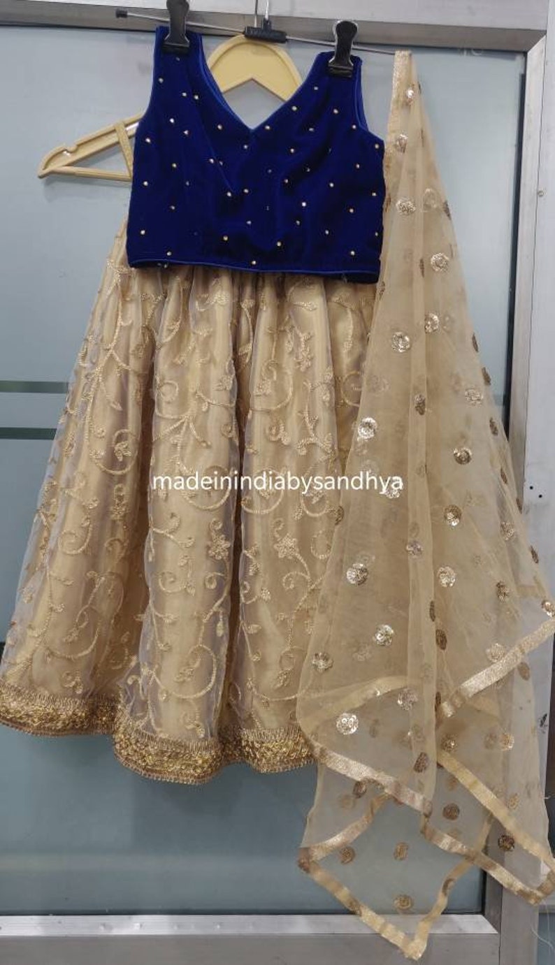 Kids lehnga choli dupatta Indian designer ethnic girl kids festival wear gold blue velvet blouse dress custom made to measure lengha chunni