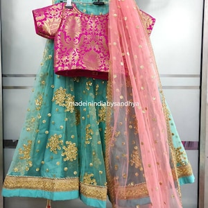 Kids lehenga Indian ethnic baby girls mint green skirt embroidery children&#39;s dress custom made lengha chunni