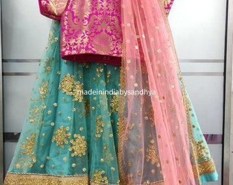 Custom Made Kids Lehenga: Mint Green Embroidered Indian Dress