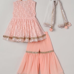 Little Girls Milky Blockprinted Gharara Set main image 0