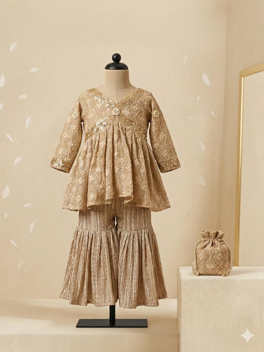 Gold chikankari sharara gharara set dress for Girls kids