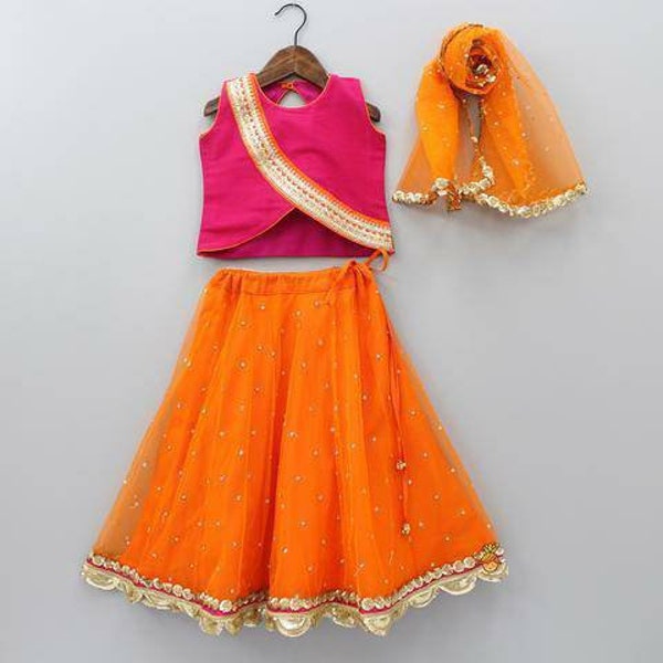 Orange pink Kids lehenga choli dupatta Indian ethnic girls teens kids wedding wear skirt pink silk blouse dress custom made lengha chunni