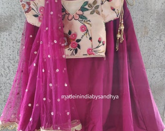 Kids party dresses Indian Girls lehenga dupatta ethnic wedding wear purple  skirt cold shoulder blouse custom made lengha chunni