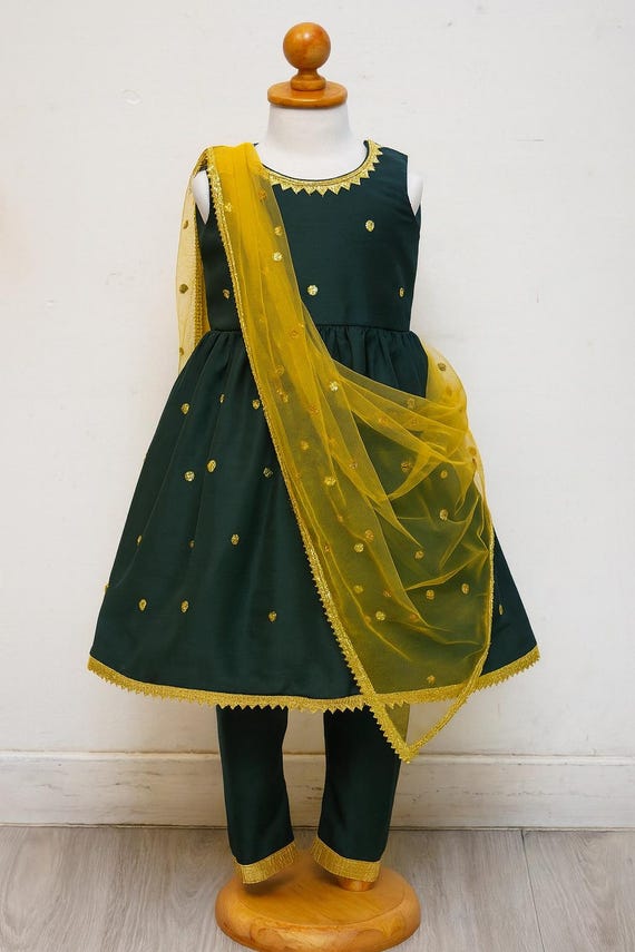 Forest Green Toddler kids salwar suit dupatta Anarkali