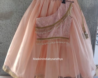 Kids peach lehenga choli dupatta Indian ethnic girls skirt blouse wedding dress custom stitched ready-made lengha chunni dresses