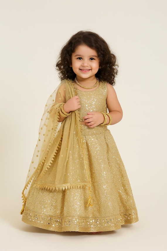 kids party dresses Gold Lehenga Set for Girls baby girl dresses Indian ethnic outfit