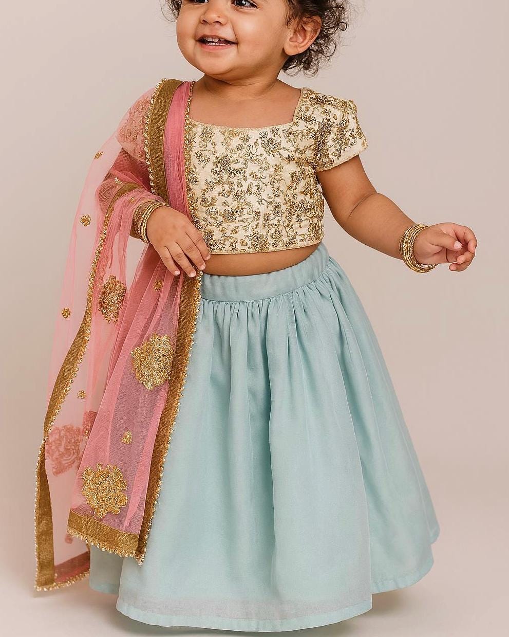 Baby Blue Dress Girls Lengha Choli Wedding Outfit for Kids Pastel Blue Skirt, image size:991x1239