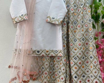 Baby Girls White Sharara Suit: Mirrorwork Indian Dress
