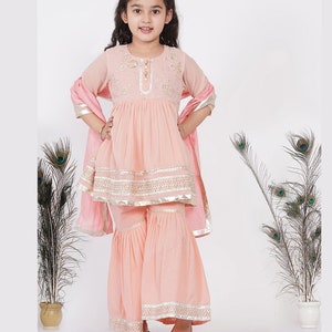 Peach Sharara Suit: Georgette Indian Outfit with Gota