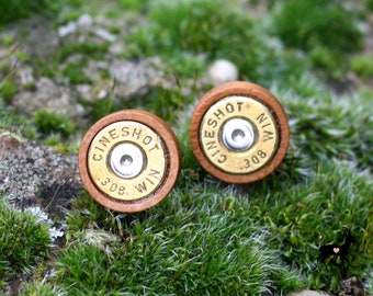 Holzohrstecker aus Patronen Hülse CINESHOT .308 WIN ,Jagdschmuck, Patronenschmuck, huntingjewelry, huntingjewellery