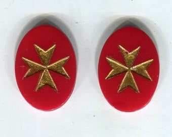 2 cabochons photo bohème 25 x 18 mm Croix de Malte rouge foncé + or